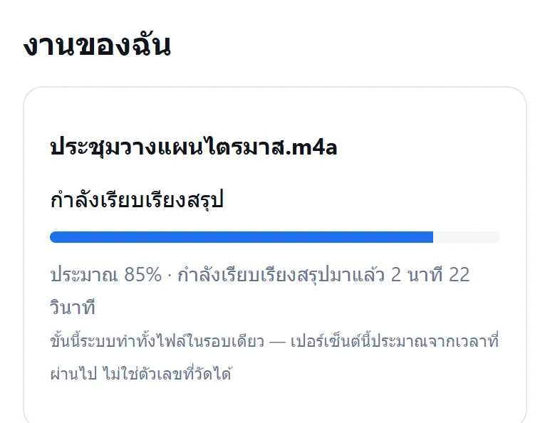 หน้างานของฉัน: งานกำลังเรียบเรียงสรุป พร้อมแถบความคืบหน้า